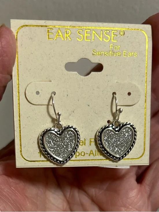 Silver tone Glitter Heart Drop Earrings for Sensitive Ears - Picture 2 of 3